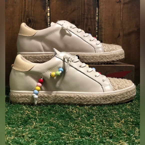 DOLCE VITA X TREVOR PROJECT Zoe Pride Ivory Beaded Raffia Leather Sneakers - Picture 4 of 13